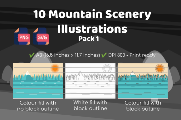 Explore the Beauty of 10 Mountain Scenery Illustrations - Pack